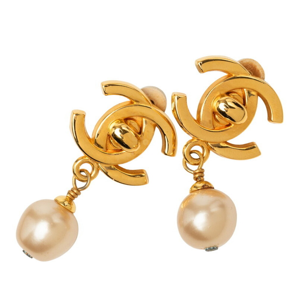 CHANEL Gold Pearl Logo Earrings